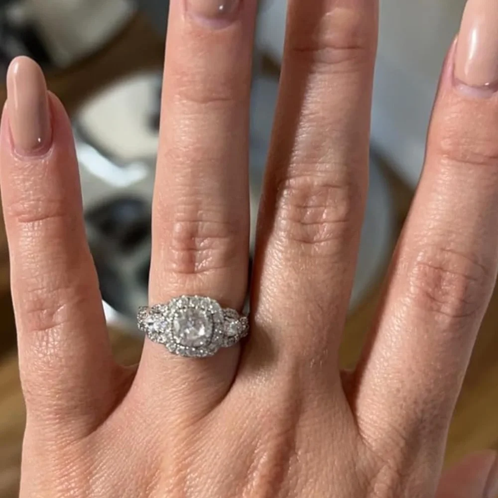Silver Diamond Halo Engagement Ring Set Wedding - Picture 4 of 14